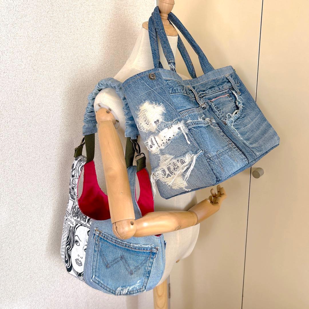 ♡お値下げします♡さまオーダー。サイドボタンデニムリメイクトートバッグ、他一点