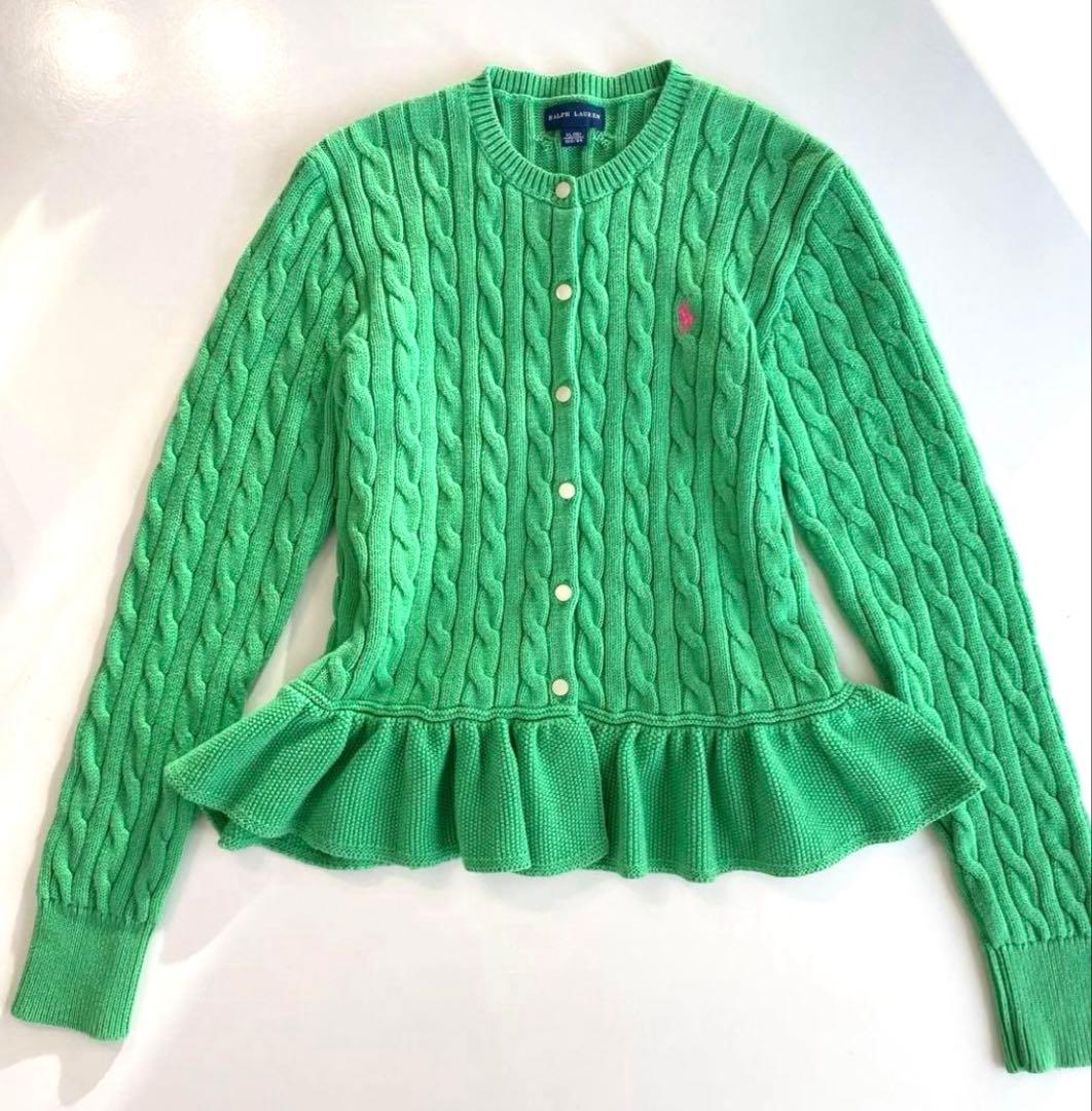 ラルフローレン ケーブルニット ペプラム カーディガン グリーン レディースS
