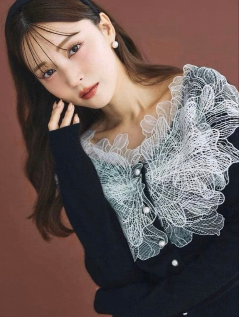 poláura ポローラ レースフリルカーディガン ブラック