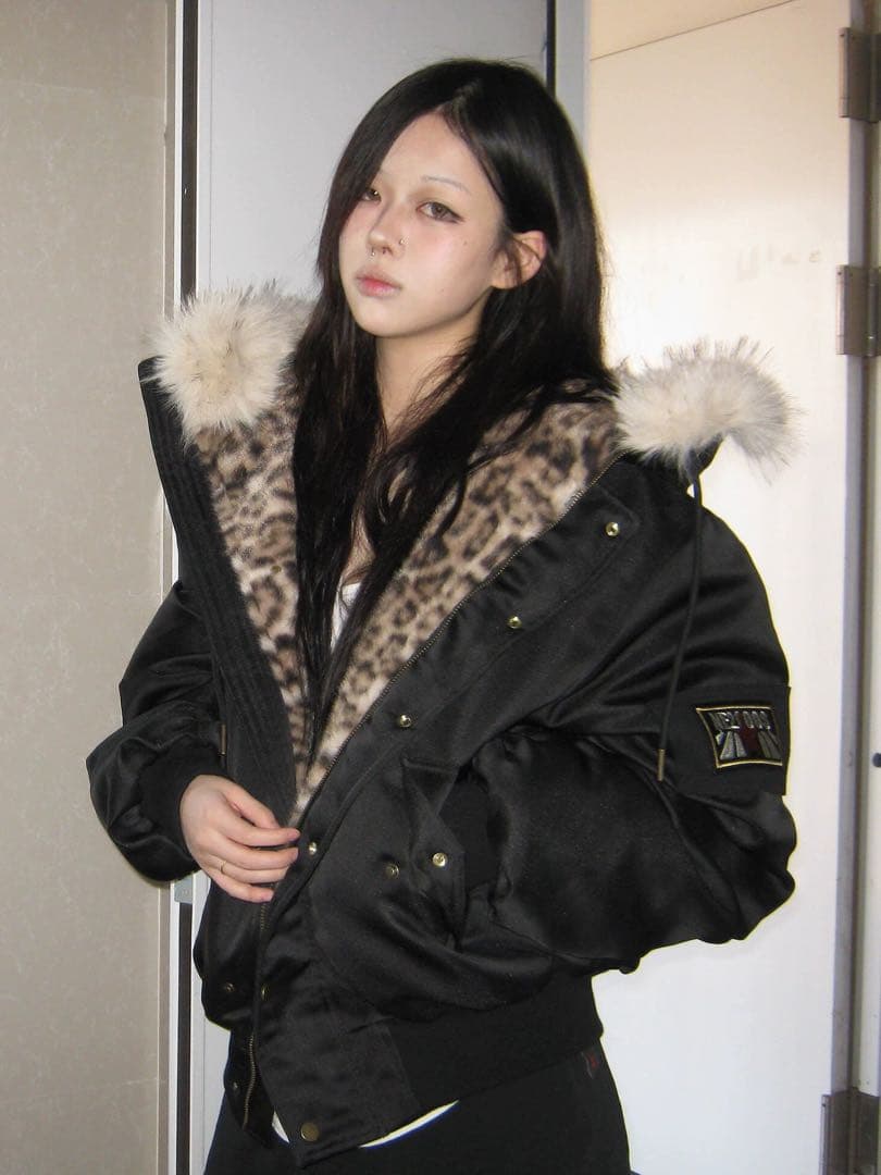 サブカル ヒョウ柄 ファーフードジャケット アウター Y2K 韓国 地雷系