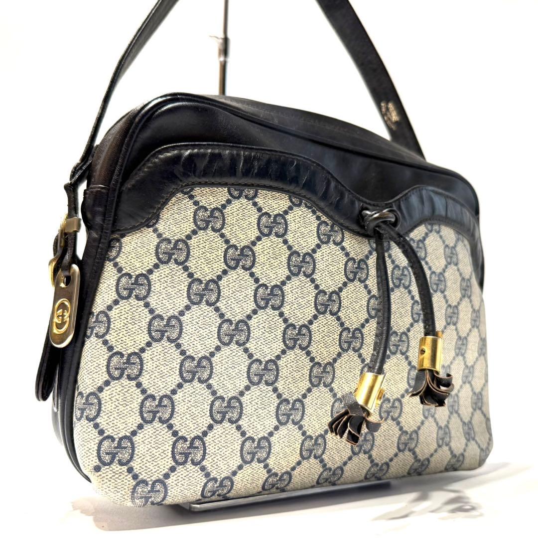 希少 GUCCI GG ショルダーバッグ ネイビー レザー 金具 フリンジ