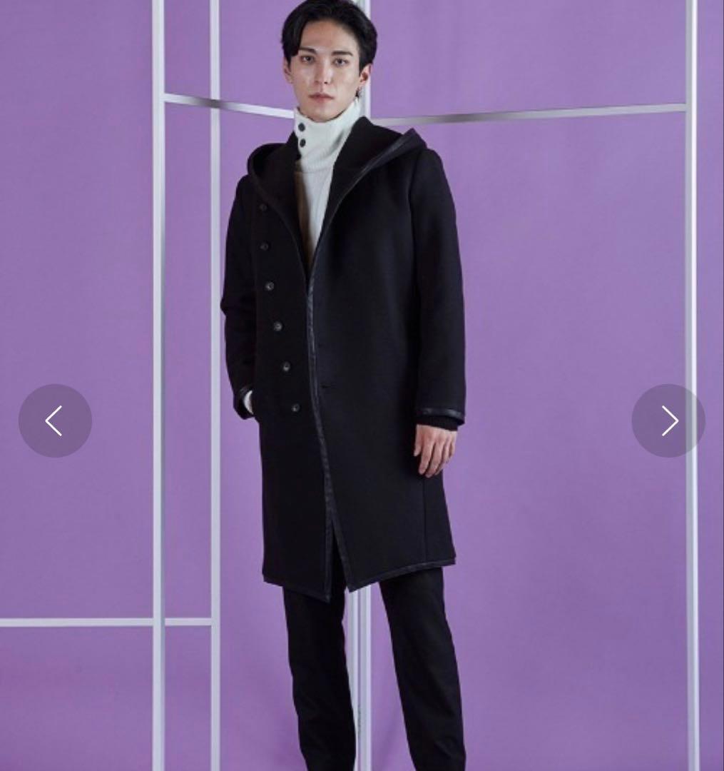 【極美品】フード付きパイピングフーデッドロングラップコートweb完売商品