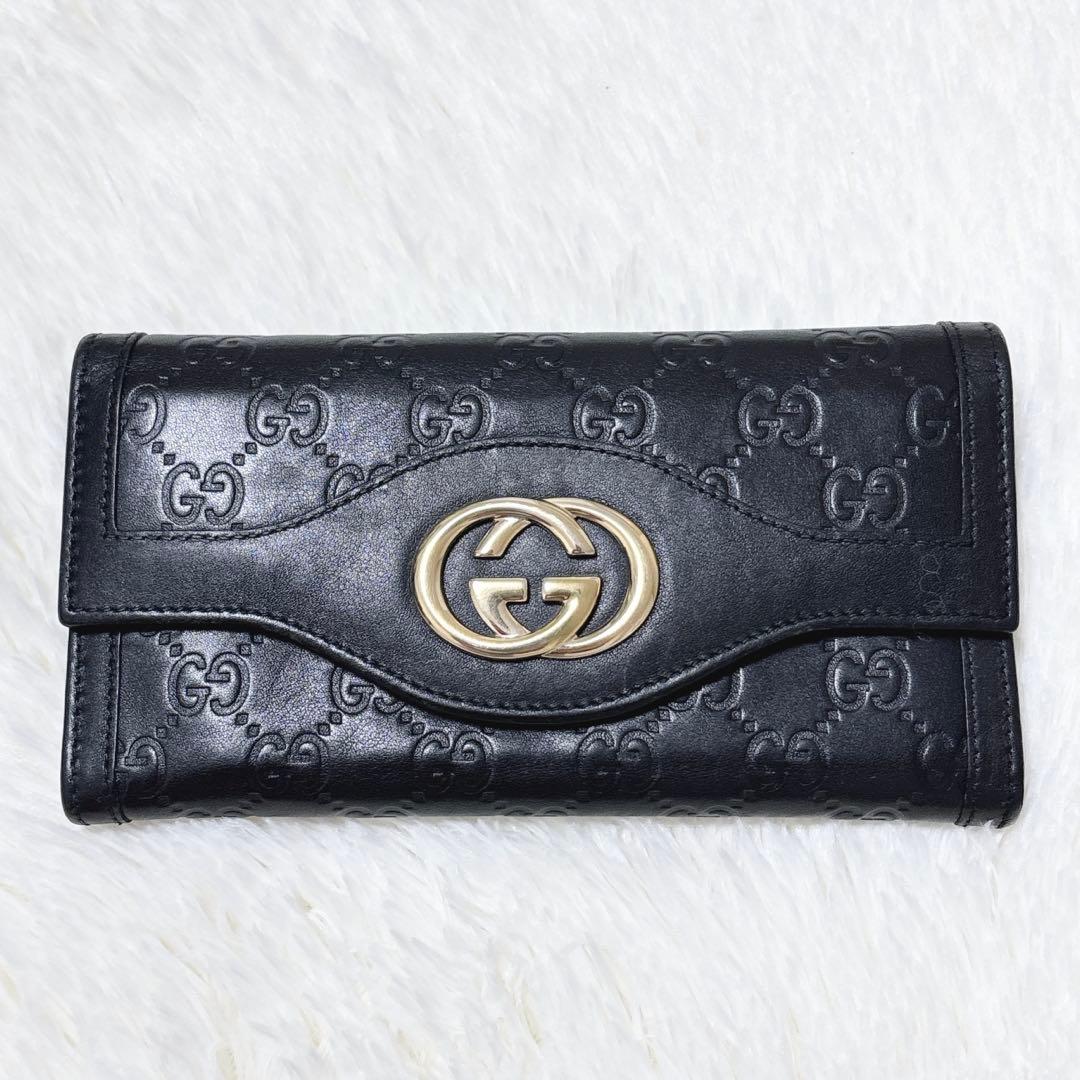 美品✨GUCCI シマ インターロッキング フラップ ブラック 長財布