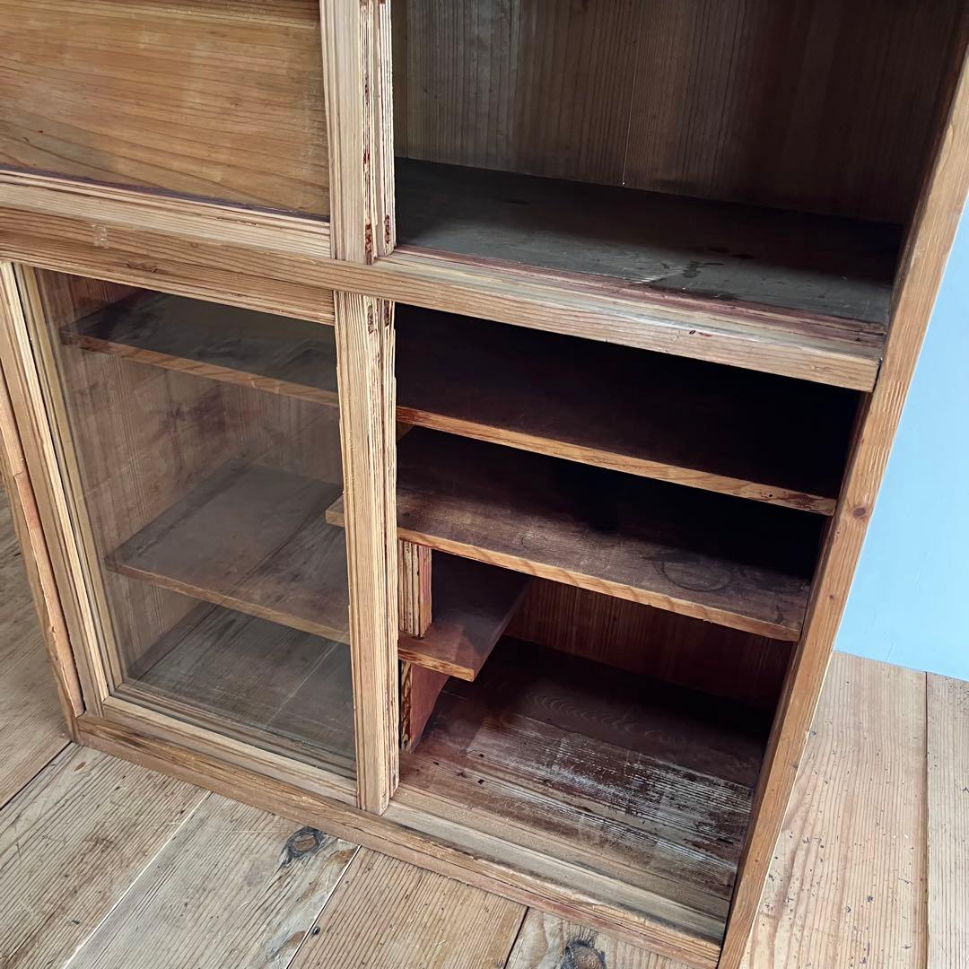 アンティーク ガラス戸棚 水屋箪笥 水屋 食器棚 無塗装 無垢材 キャビネット