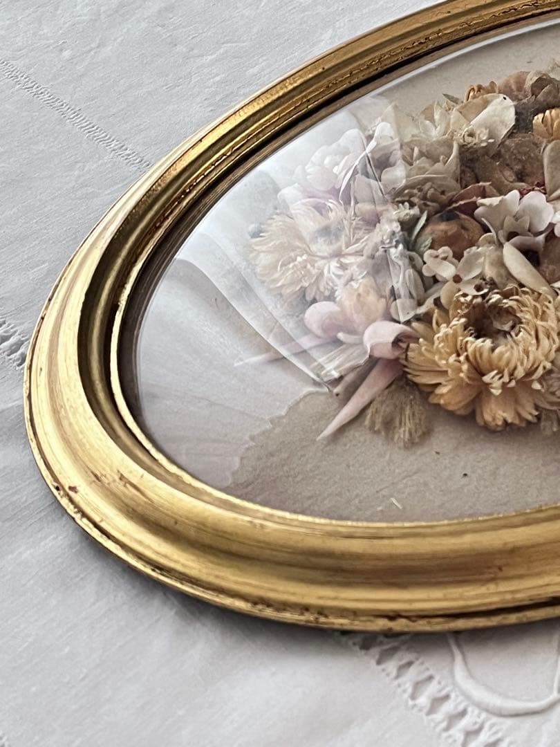 【美品】フランスアンティーク ドライフラワー ドーム ゴールドフレーム 3640