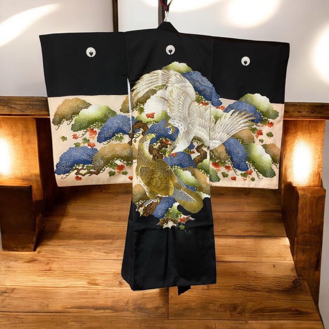 豪華　産着　一つ身　掛け着　鷹　刺繍柄　正絹　宮参り男の子着物