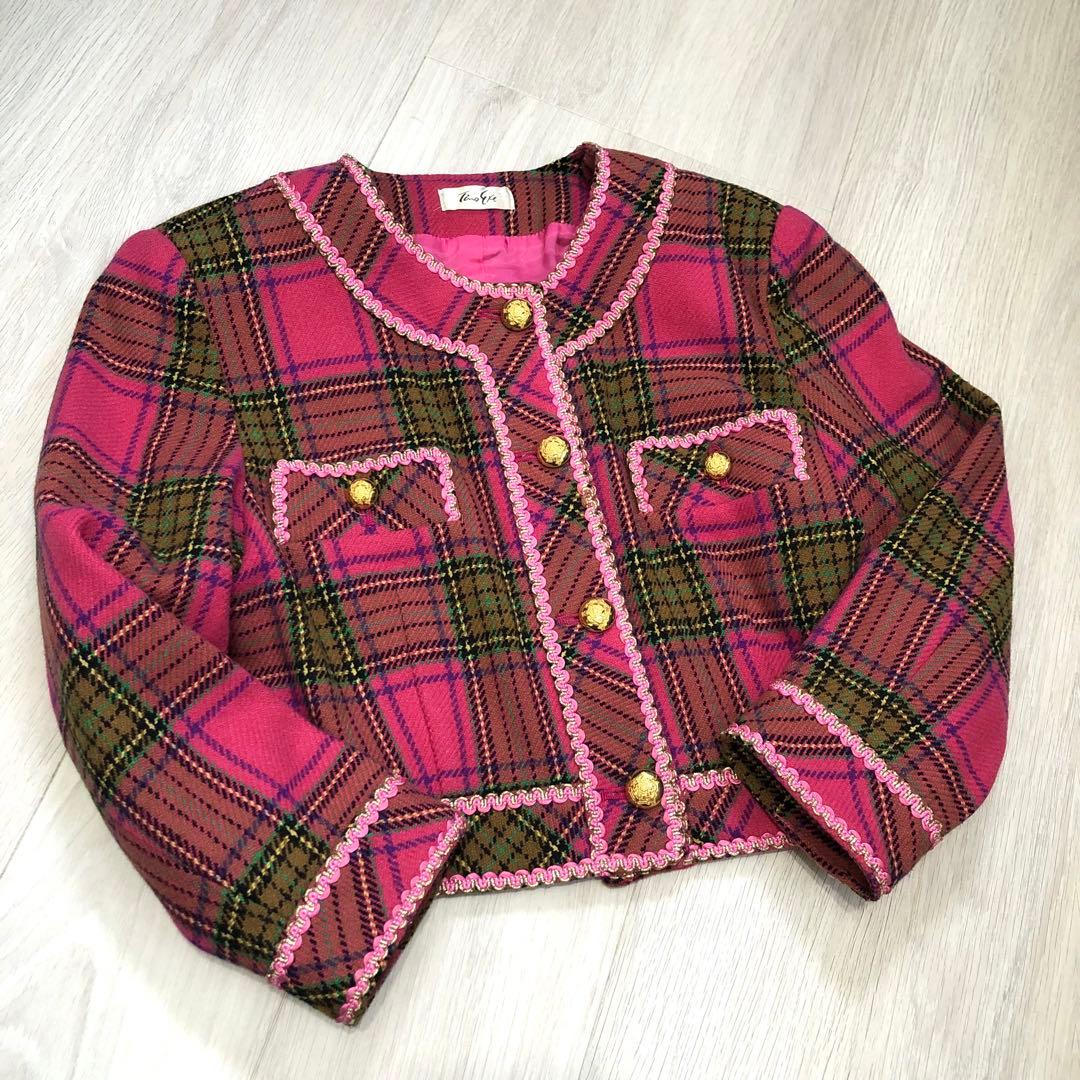 バブリースーツ セットアップ ピンク チェック 昭和レトロ 金ボタン