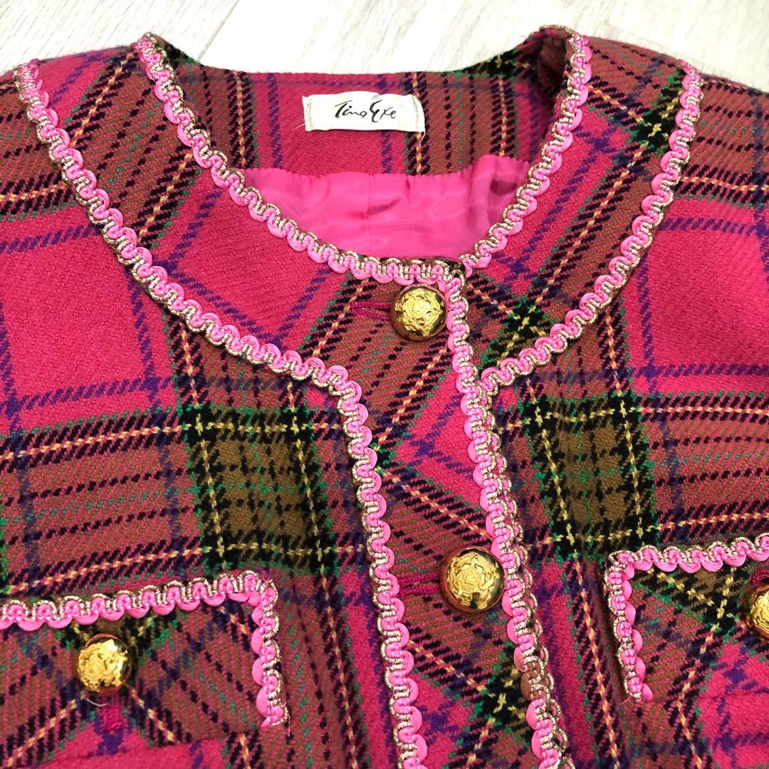 バブリースーツ セットアップ ピンク チェック 昭和レトロ 金ボタン