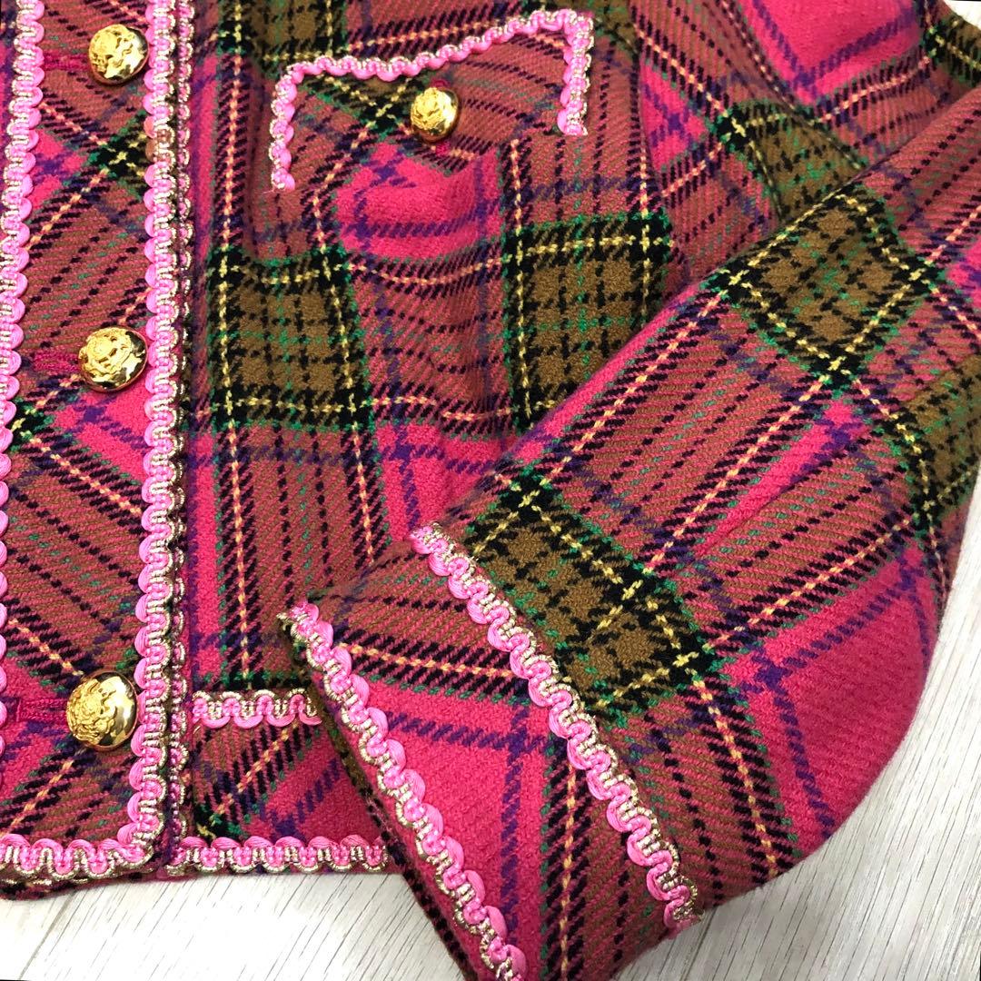 バブリースーツ セットアップ ピンク チェック 昭和レトロ 金ボタン