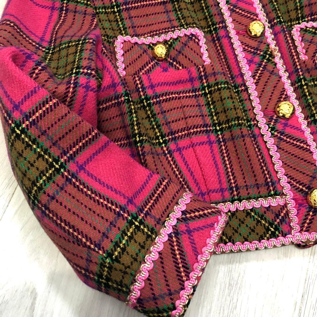 バブリースーツ セットアップ ピンク チェック 昭和レトロ 金ボタン