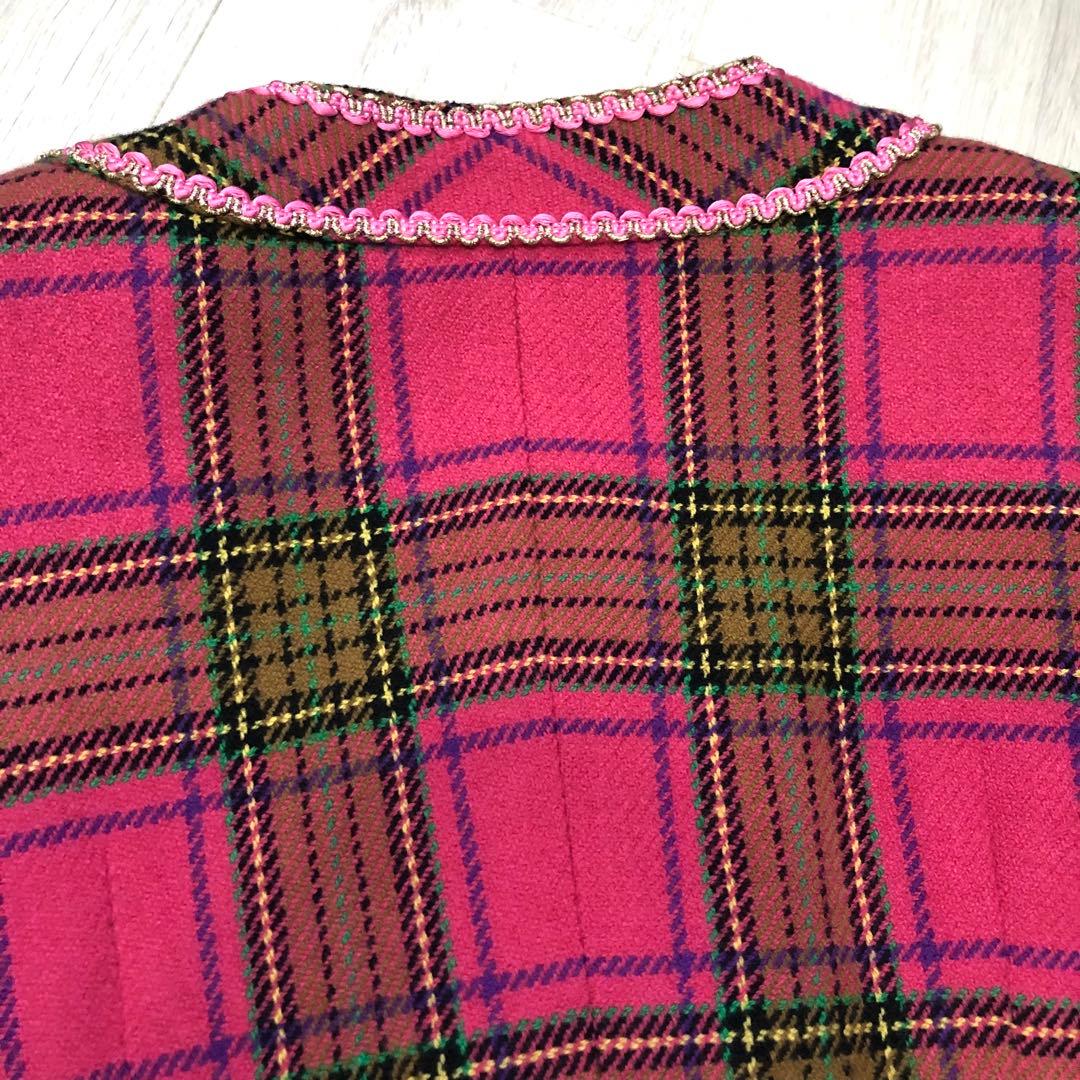 バブリースーツ セットアップ ピンク チェック 昭和レトロ 金ボタン