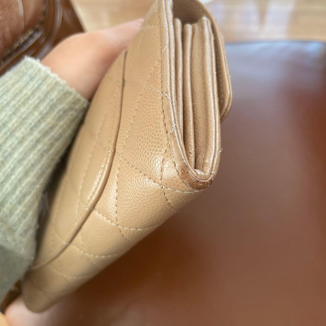 シャネル 長財布 キャビアスキン ベージュ ショルダーストラップ付き