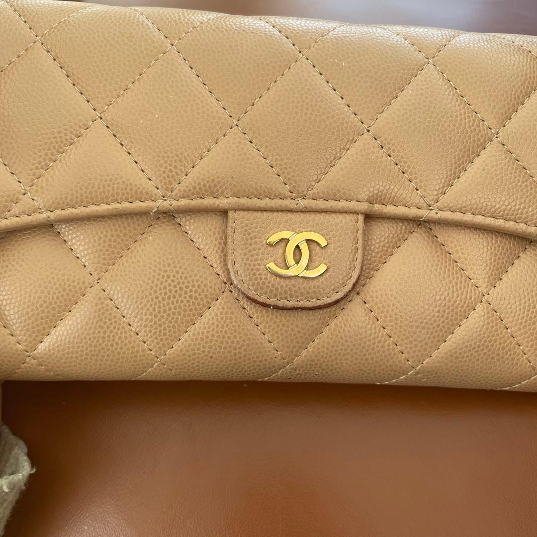 シャネル 長財布 キャビアスキン ベージュ ショルダーストラップ付き