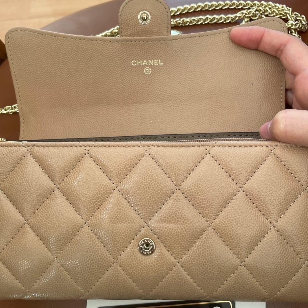 シャネル 長財布 キャビアスキン ベージュ ショルダーストラップ付き