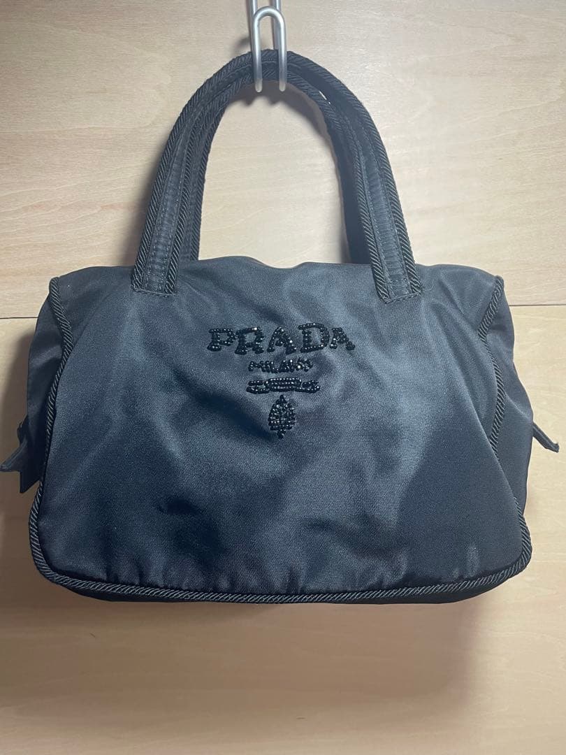 PRADA プラダ ビーズロゴ ハンドバッグ テスート ナイロン ポコノ 黒
