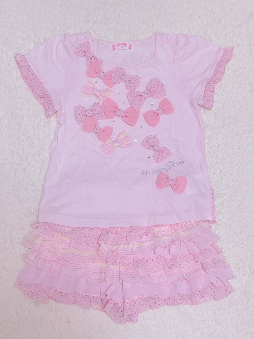 美品メゾピアノ100リボンセットアップピンクTシャツ&フリルスカパンツ2点セット