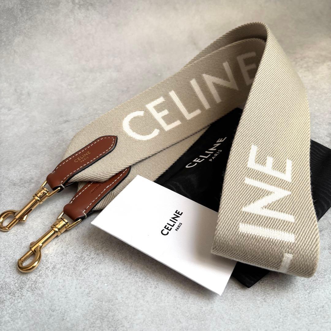 未使用級 CELINE ロゴ ジャカード ロングストラップ ベージュ キャンバス