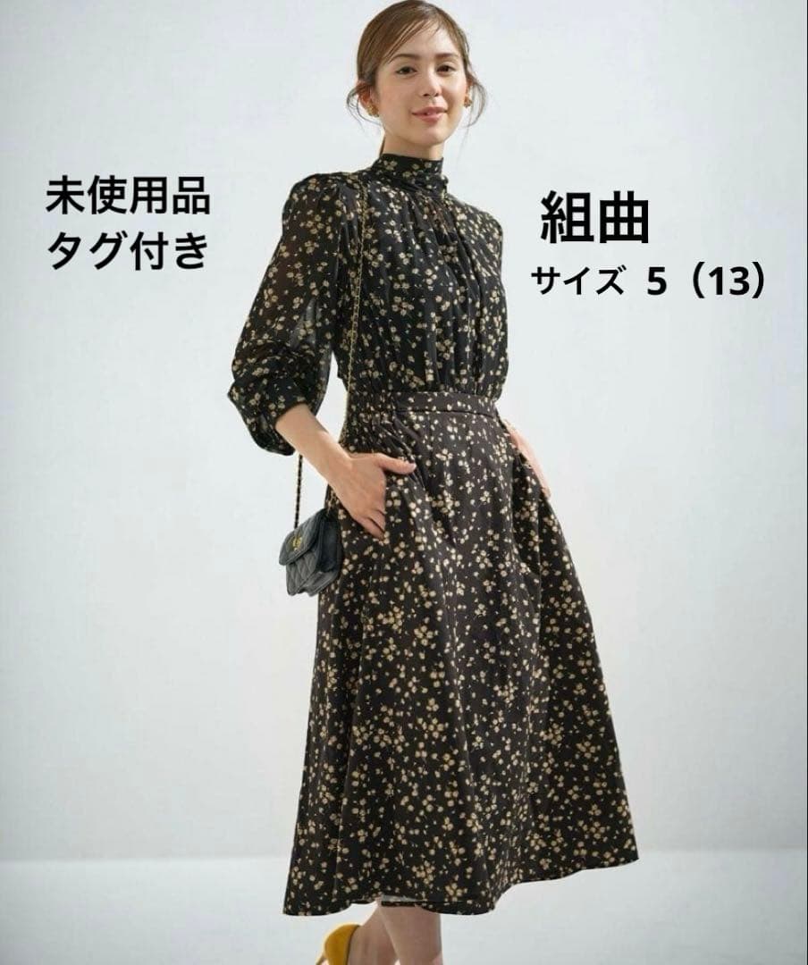 【未使用　タグ付　大きいサイズ】組曲　ボウタイワンピース　シフォン　切替　花柄