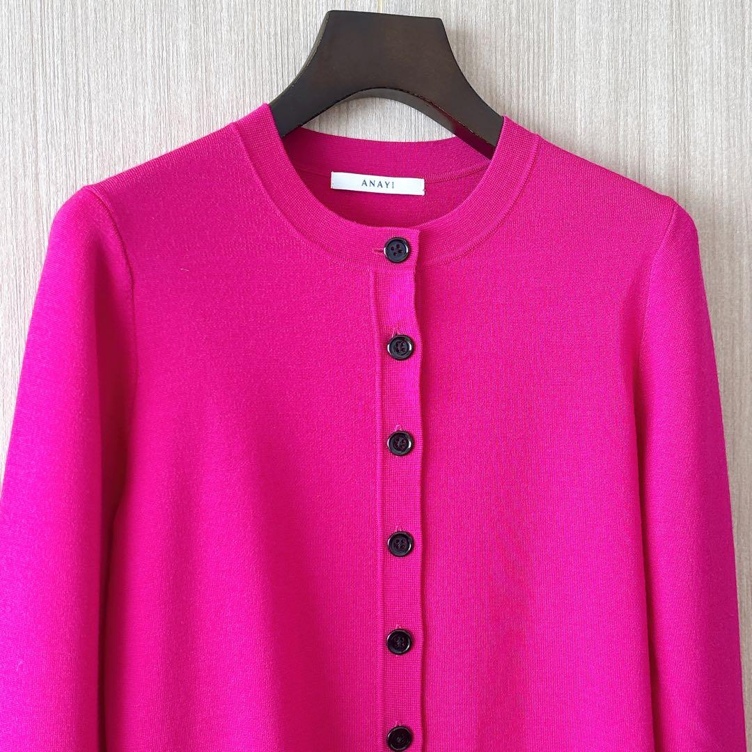 【1256】アナイ　メリノウールスムースクルーネック カーディガン　ピンク　38