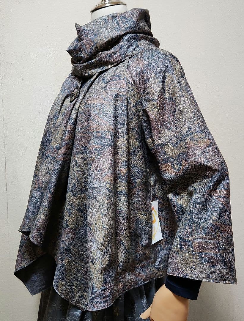 リバーシブル染大島紬&グレー無地紬リメイクドレ－プジャケットリバマフラー付き