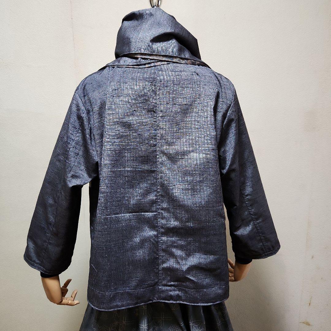 リバーシブル染大島紬&グレー無地紬リメイクドレ－プジャケットリバマフラー付き