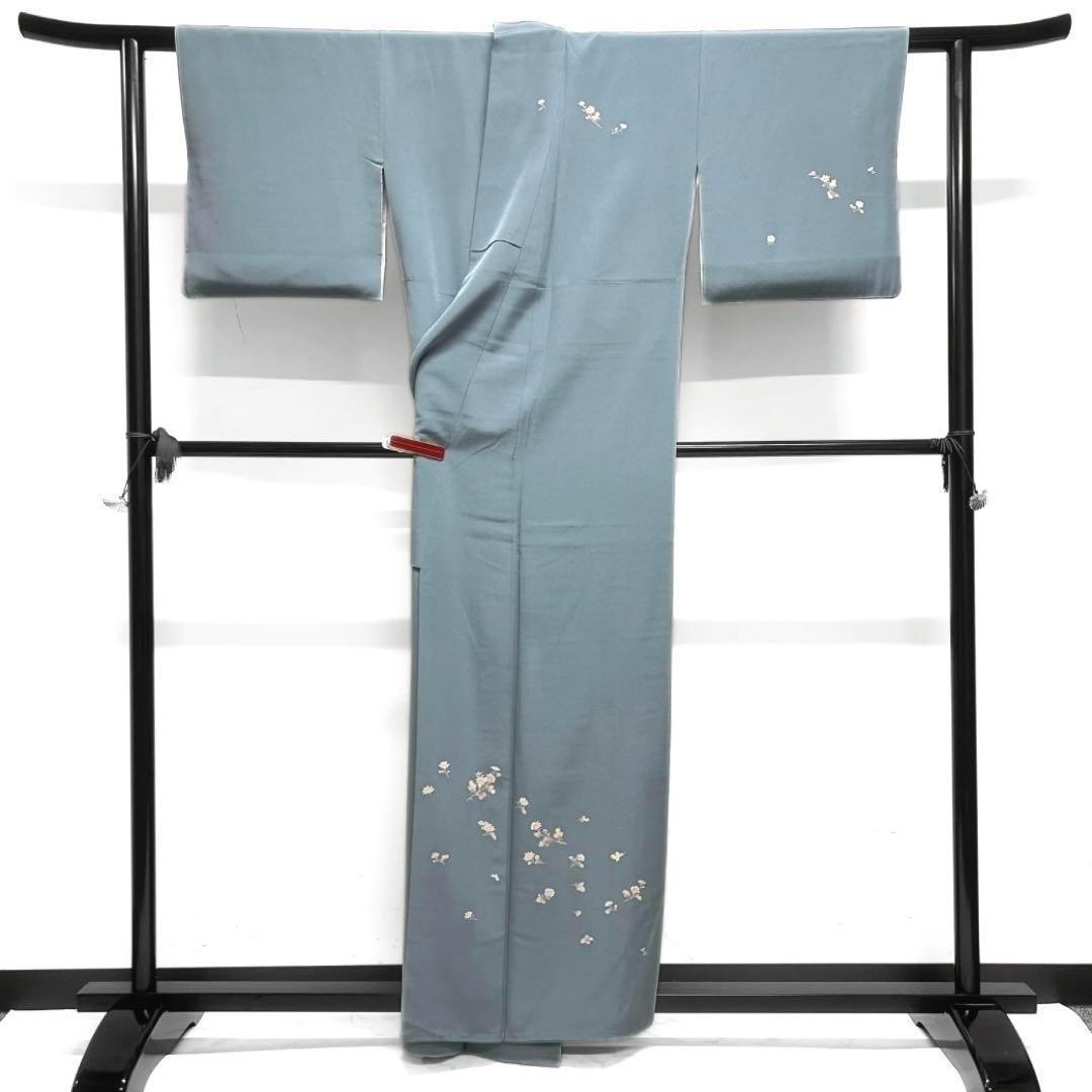 作家もの　付け下げ　菊　友禅　ブルー　着物　092w d