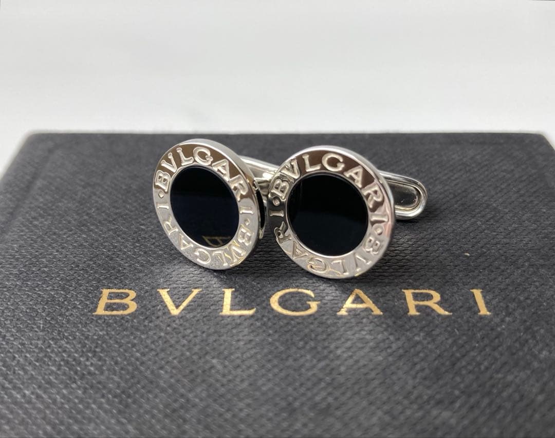 ブルガリ　ブラックオニキス　ラウンド　シルバー　カフス　カフリンクス　Ag925
