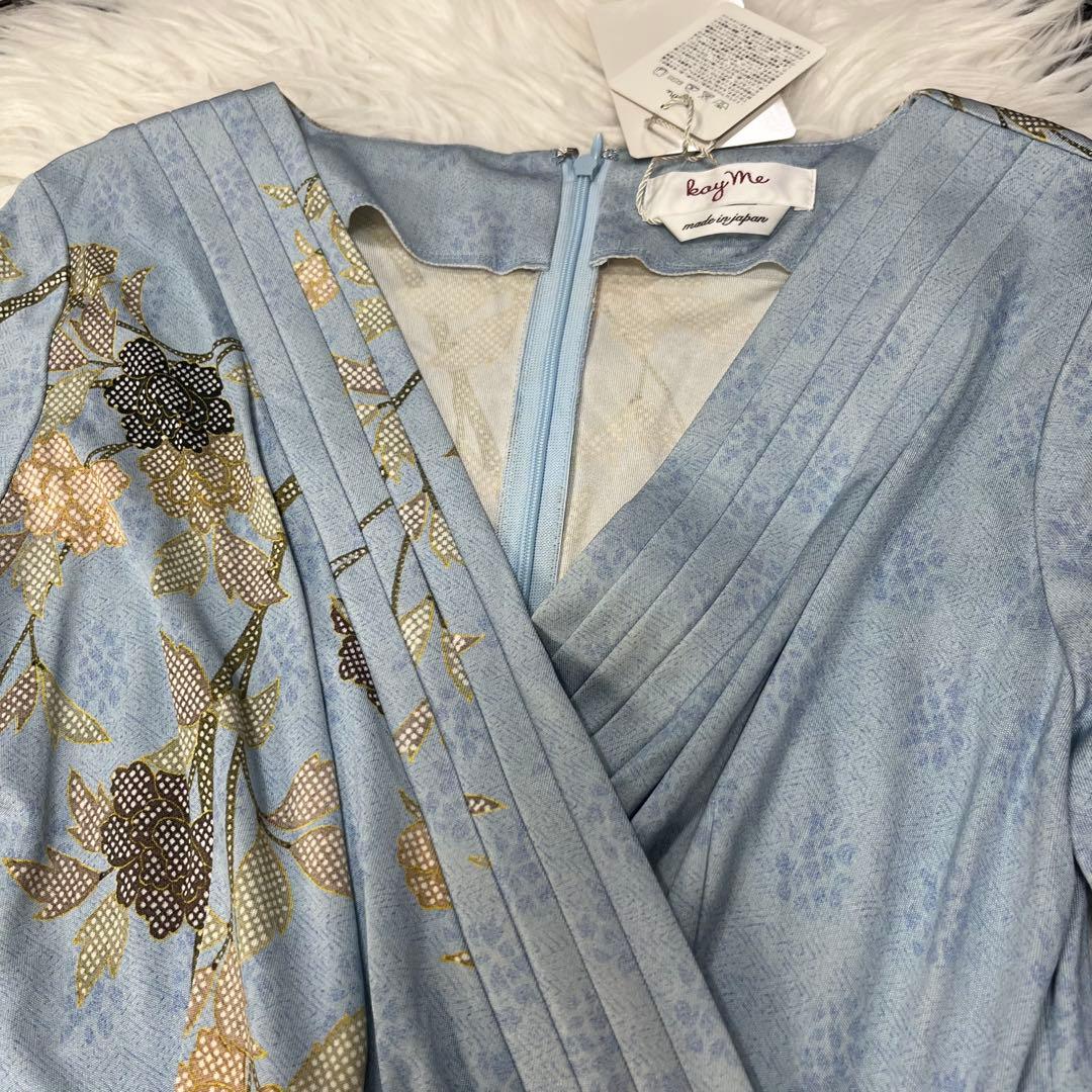 kay me シルク100%花あさぎ ワンピース 11号　定価8万　未使用タグ付