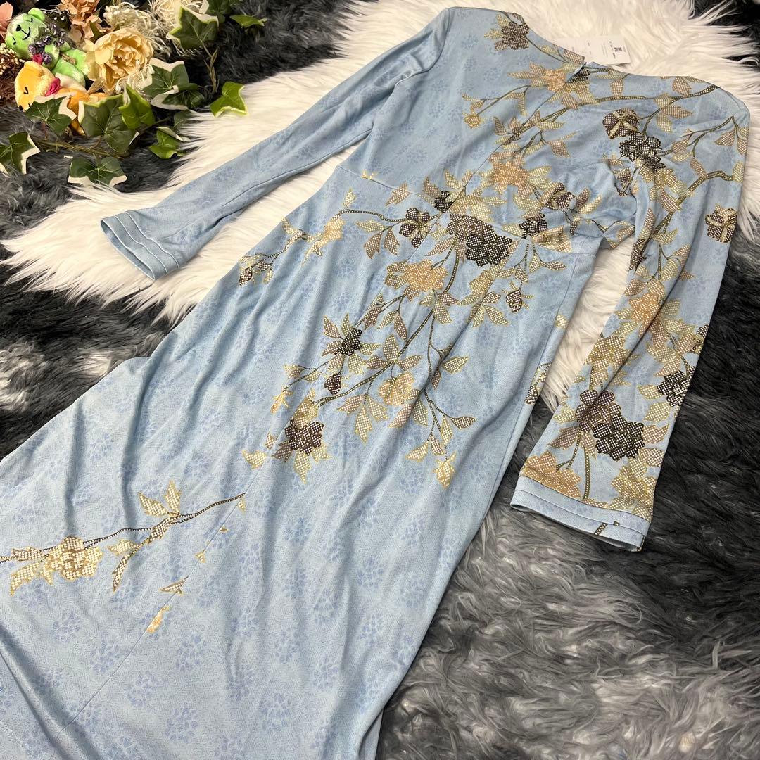 kay me シルク100%花あさぎ ワンピース 11号　定価8万　未使用タグ付