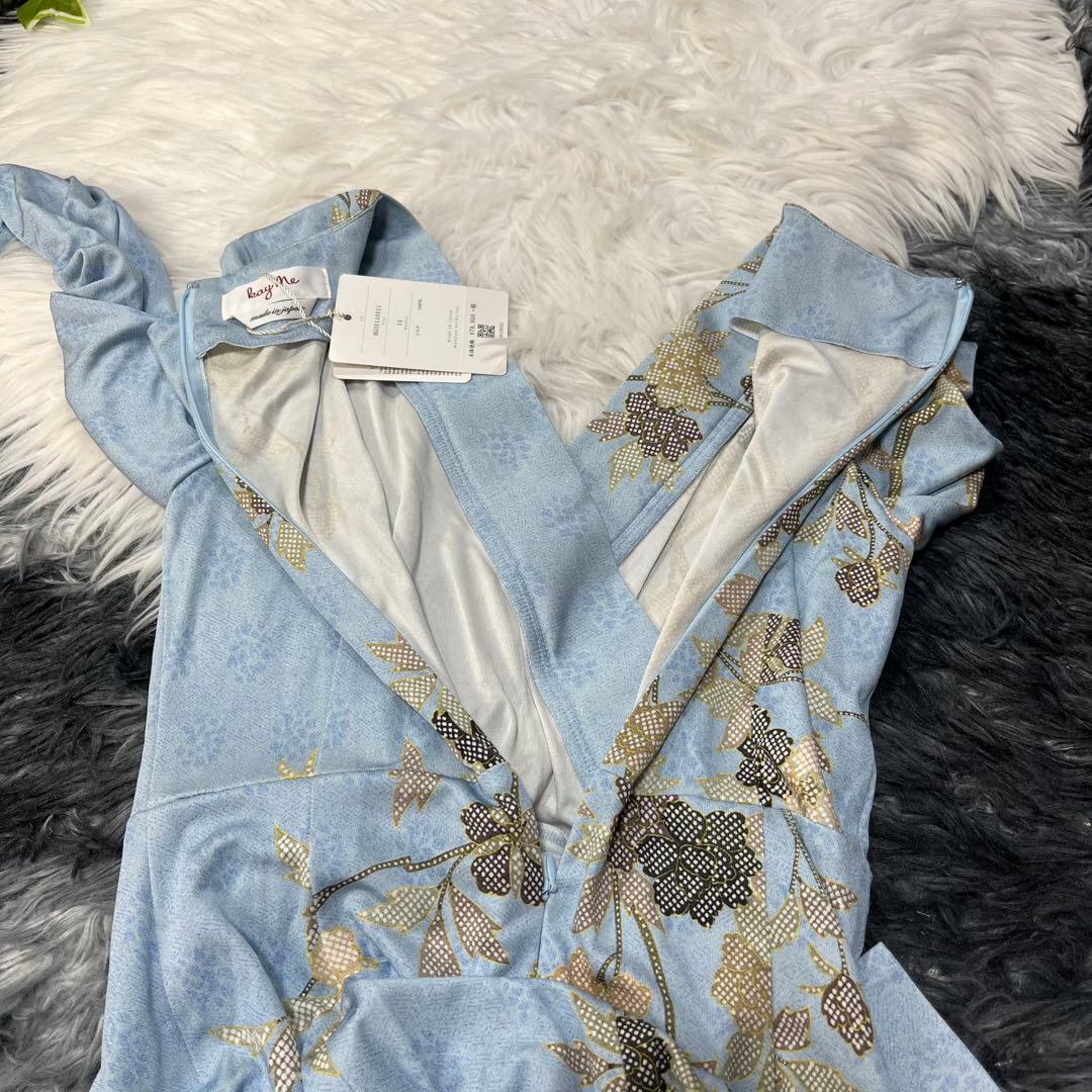 kay me シルク100%花あさぎ ワンピース 11号　定価8万　未使用タグ付