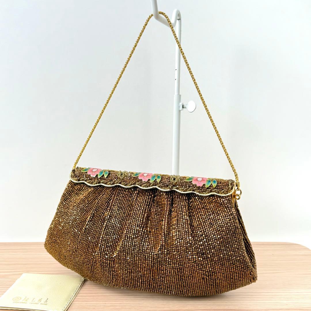 【激レア✨️】ルミーはしもと 花柄 ビーズバッグ チェーンクラスプバッグ ブロンズ