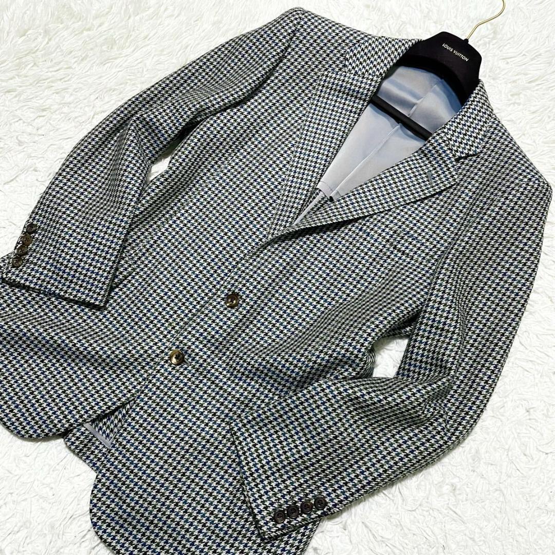XL相当　バーバリー　カシミヤ　テーラードジャケット　千鳥格子柄　ブルーグリーン