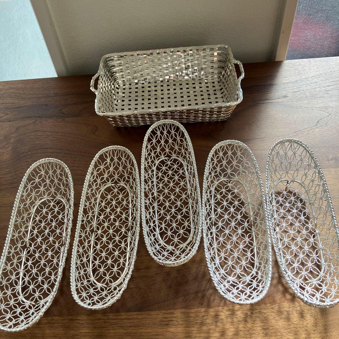 銀座WAKO 和光 銀細工 おしぼりトレイ 5個組+ バスケット付