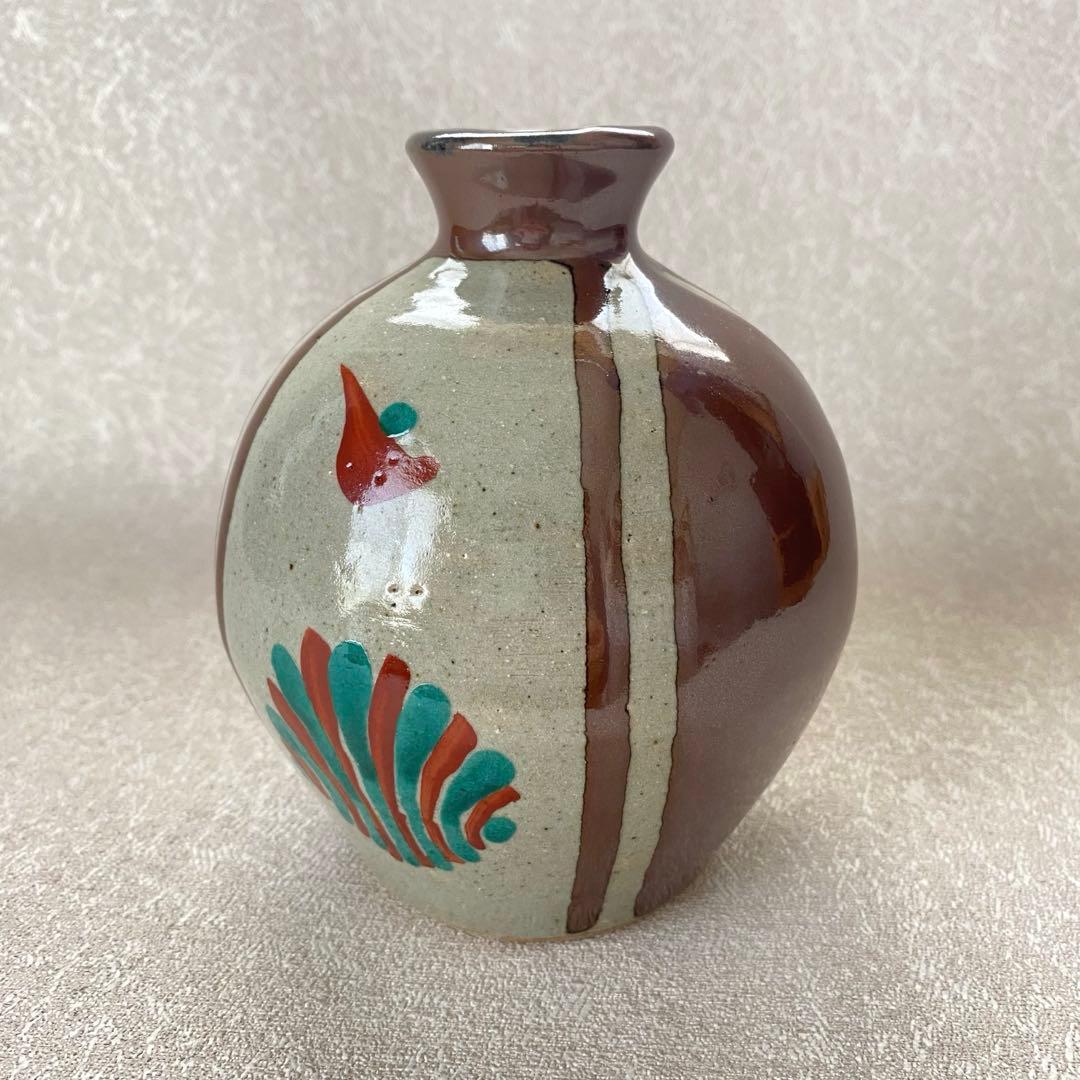 濱田友緒　益子焼　柿釉赤絵花瓶　花瓶