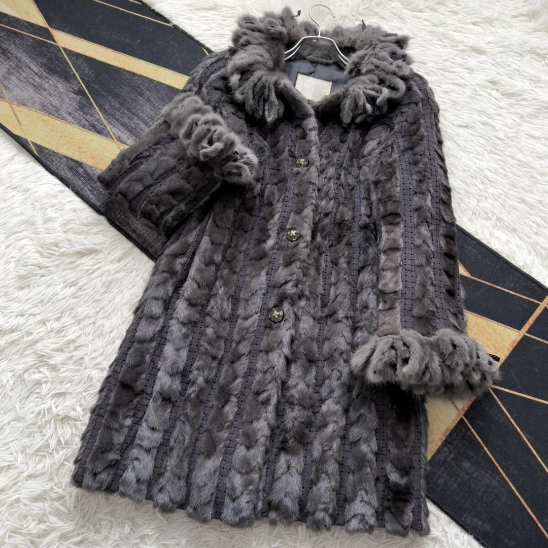 総丈95/激レアデザイン◎ グレー ミンク ロング ファーコート 毛皮 エンバ
