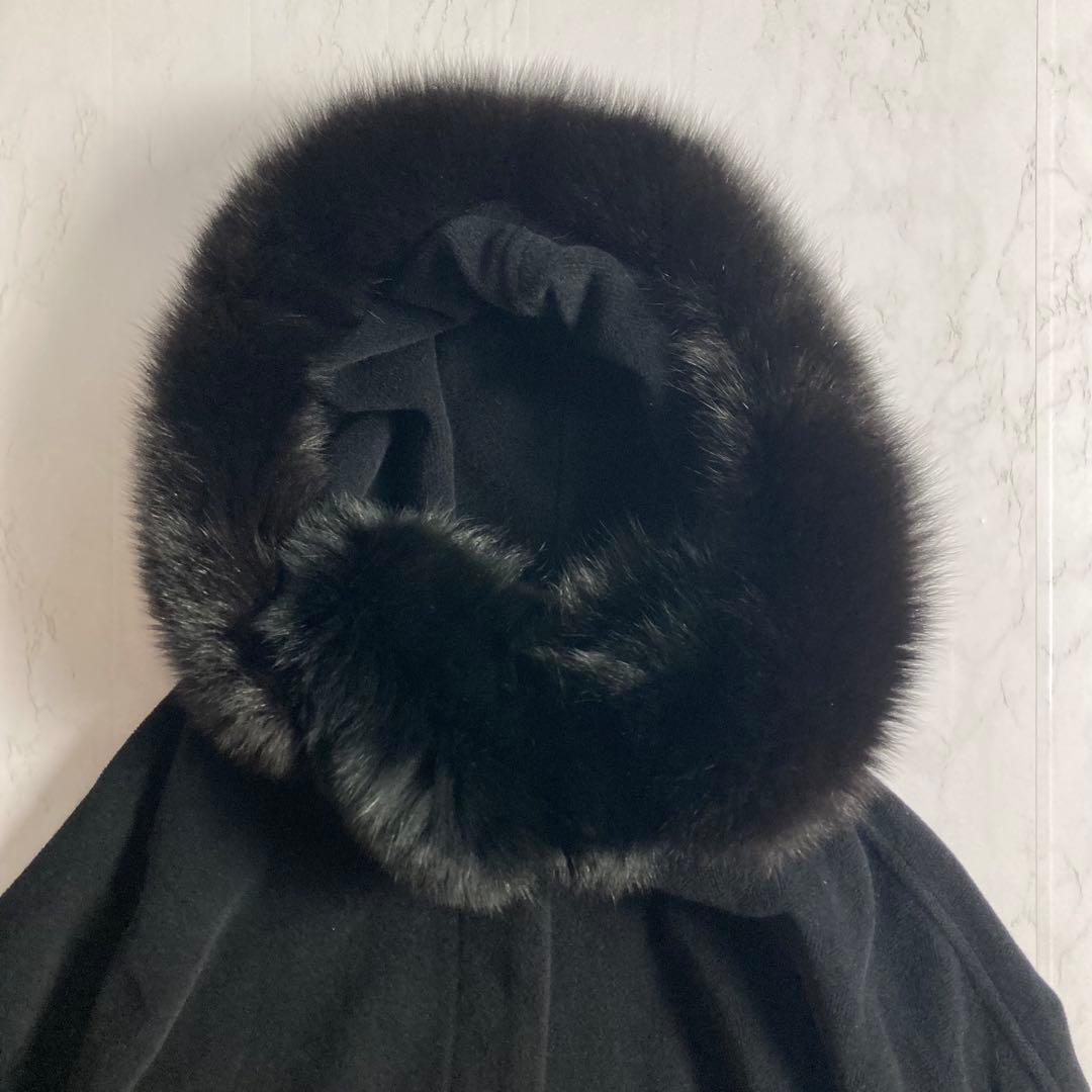 美品　フォックスファー アンゴラ混　ファー付フードポンチョ　サイズフリー　黒