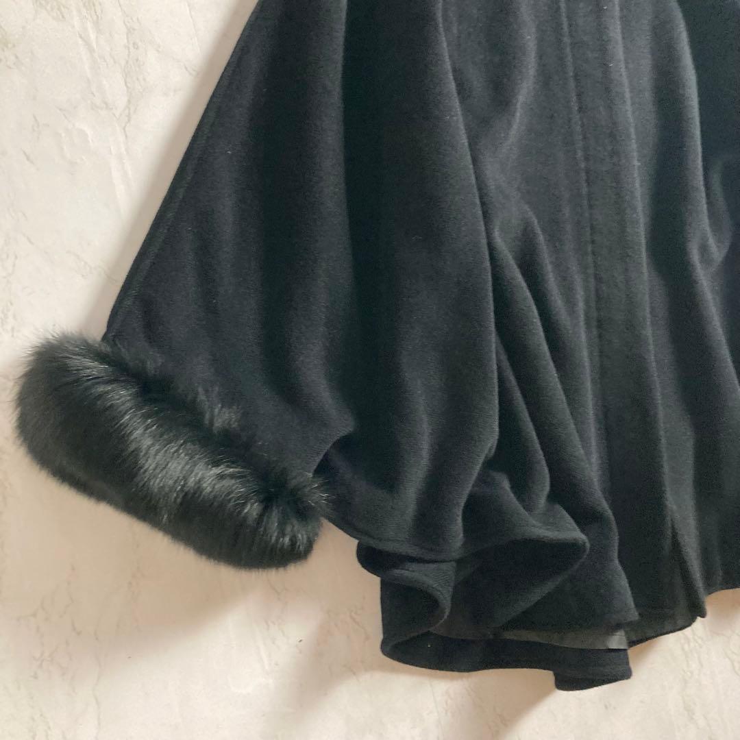 美品　フォックスファー アンゴラ混　ファー付フードポンチョ　サイズフリー　黒