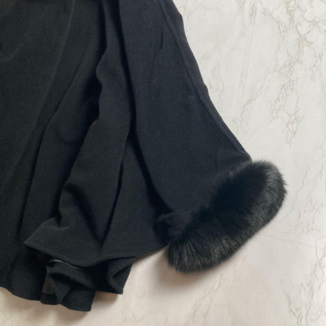 美品　フォックスファー アンゴラ混　ファー付フードポンチョ　サイズフリー　黒