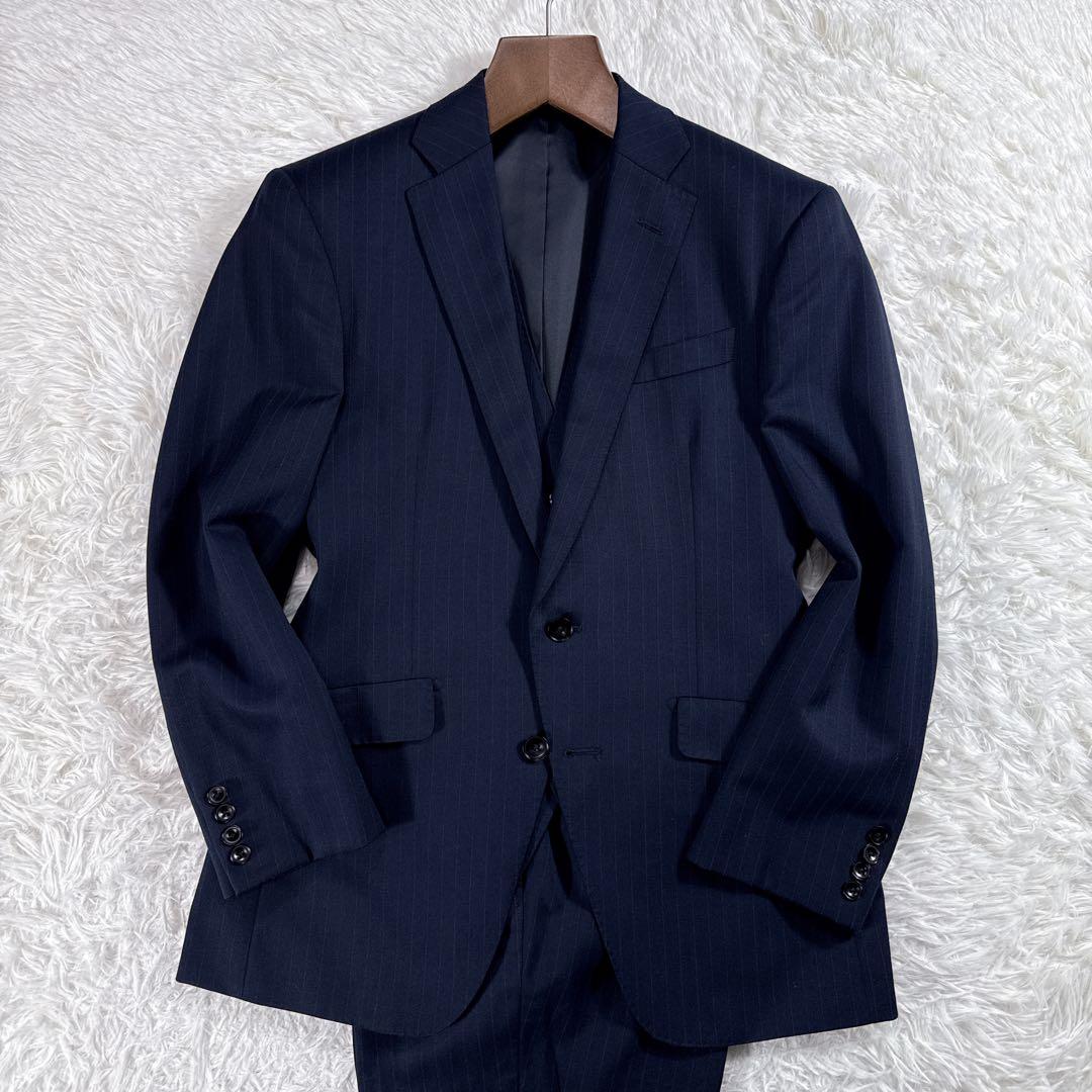 【美品】スーツセレクト スリーピーススーツ ストライプ A4 ネイビー スリム