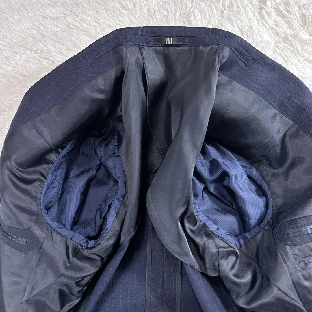 【美品】スーツセレクト スリーピーススーツ ストライプ A4 ネイビー スリム