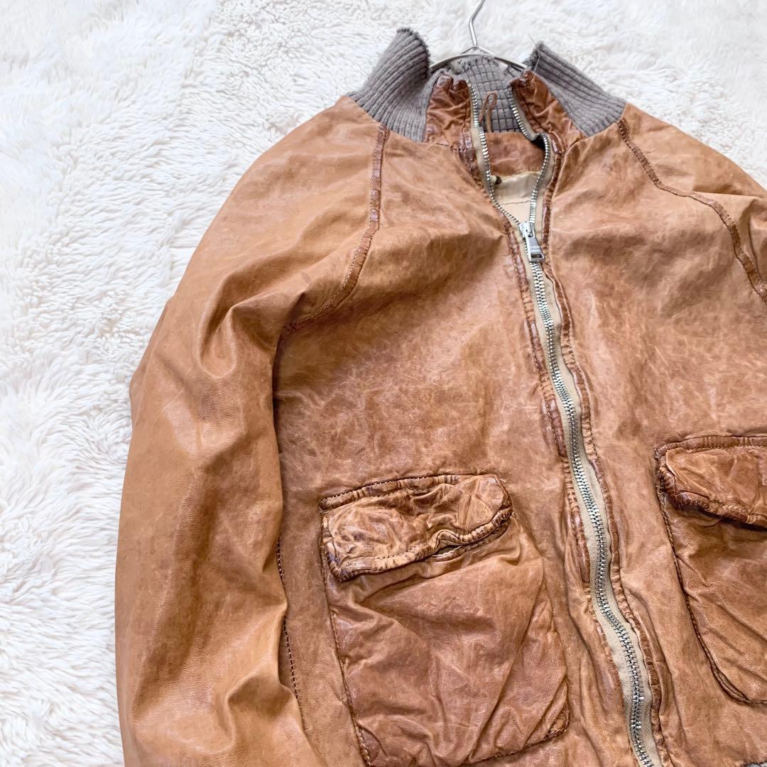 GIORGIO BRATO レザー　ジャケット　袖リブ　鳥　42サイズ　ブラウン