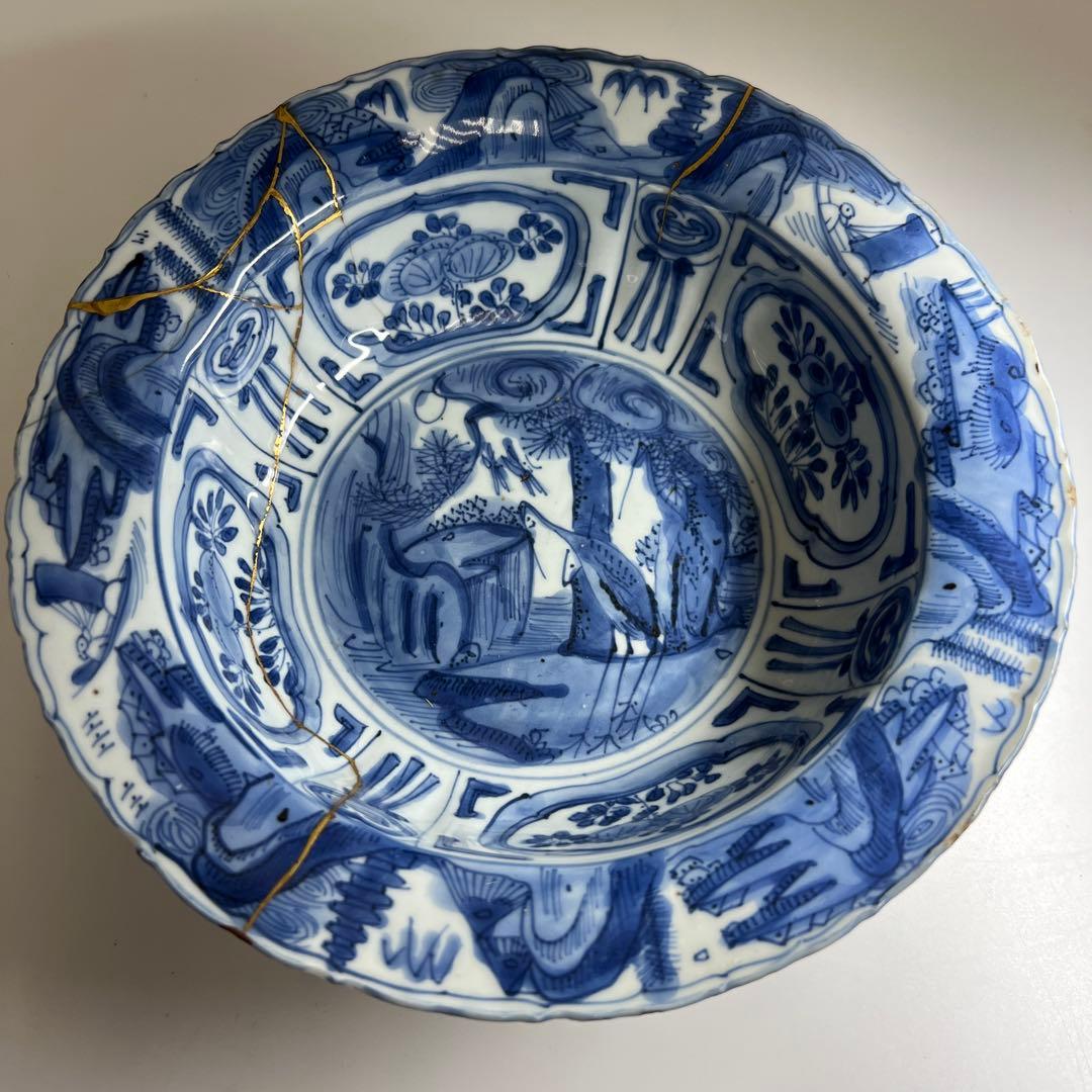 中国明時代　古染付芙蓉手カブト鉢　幅約22.5㎝　東Y8-0108☆2Fタルオ