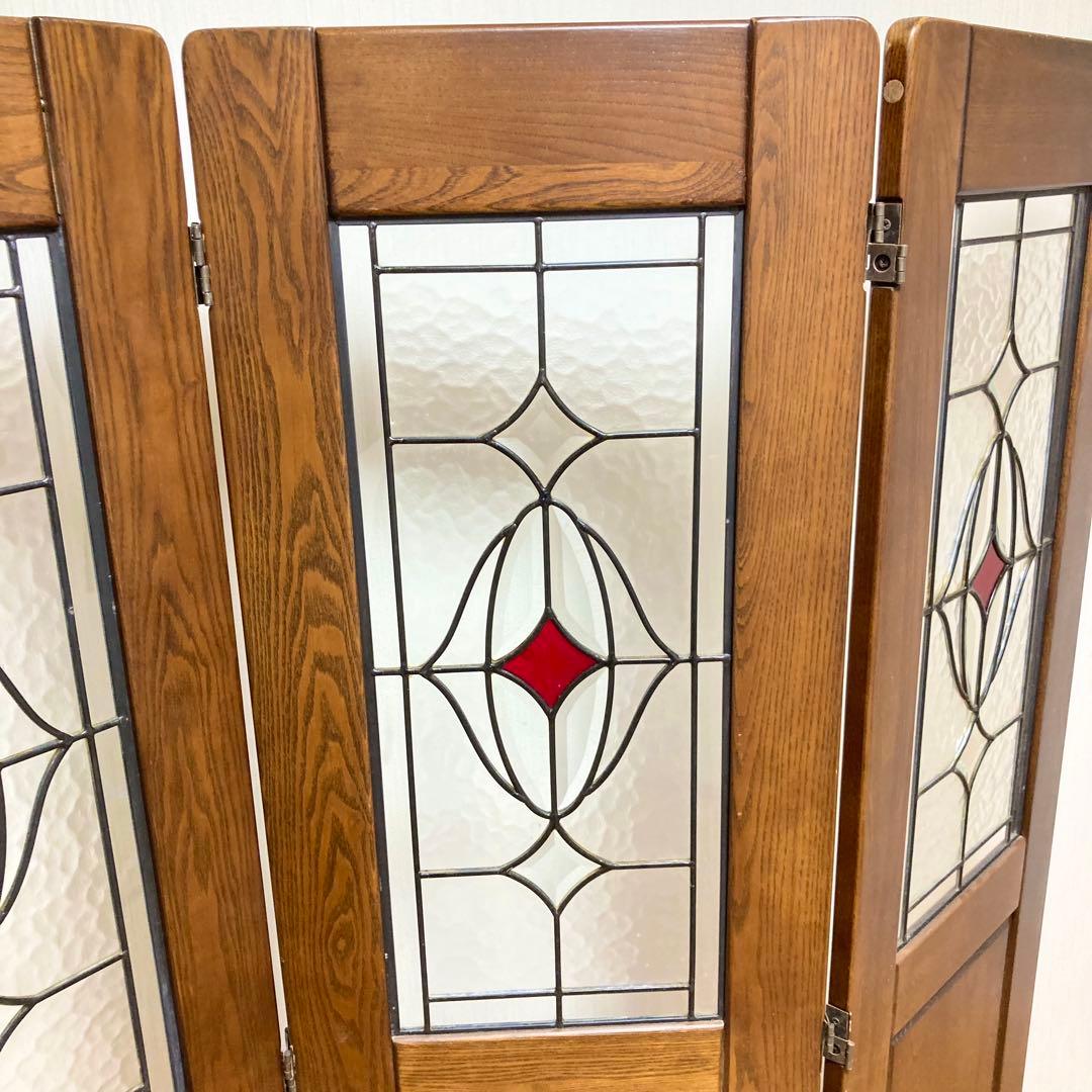 ステンドグラス 木製 パーテーション 3連 アンティーク調 間仕切り 衝立