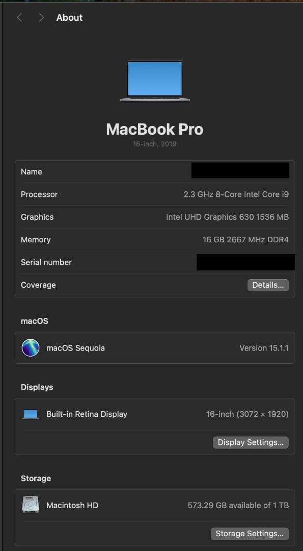 MacBook Pro 16インチ (2019) 8コア 16GB /1TB