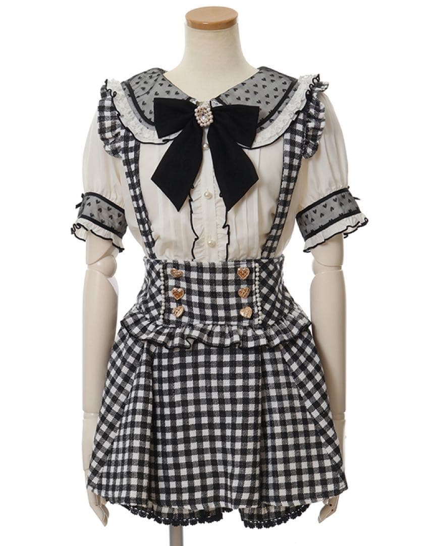 LIZLISA ギンガムツイードサスペンダー付スカパン ブラック