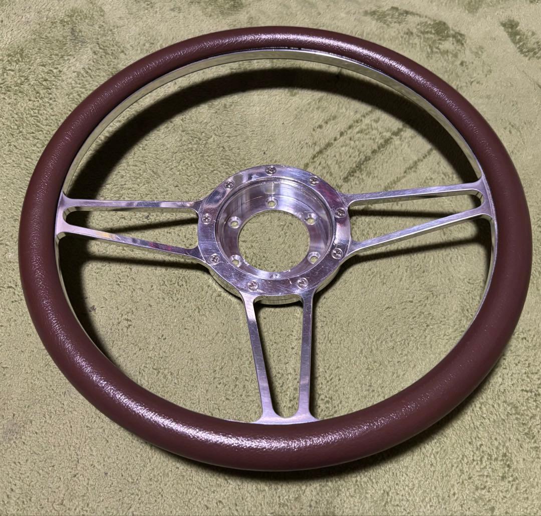 ビレットステアリング ブラウンレザー ホーンボタン付き 35cm 中古品 送料込