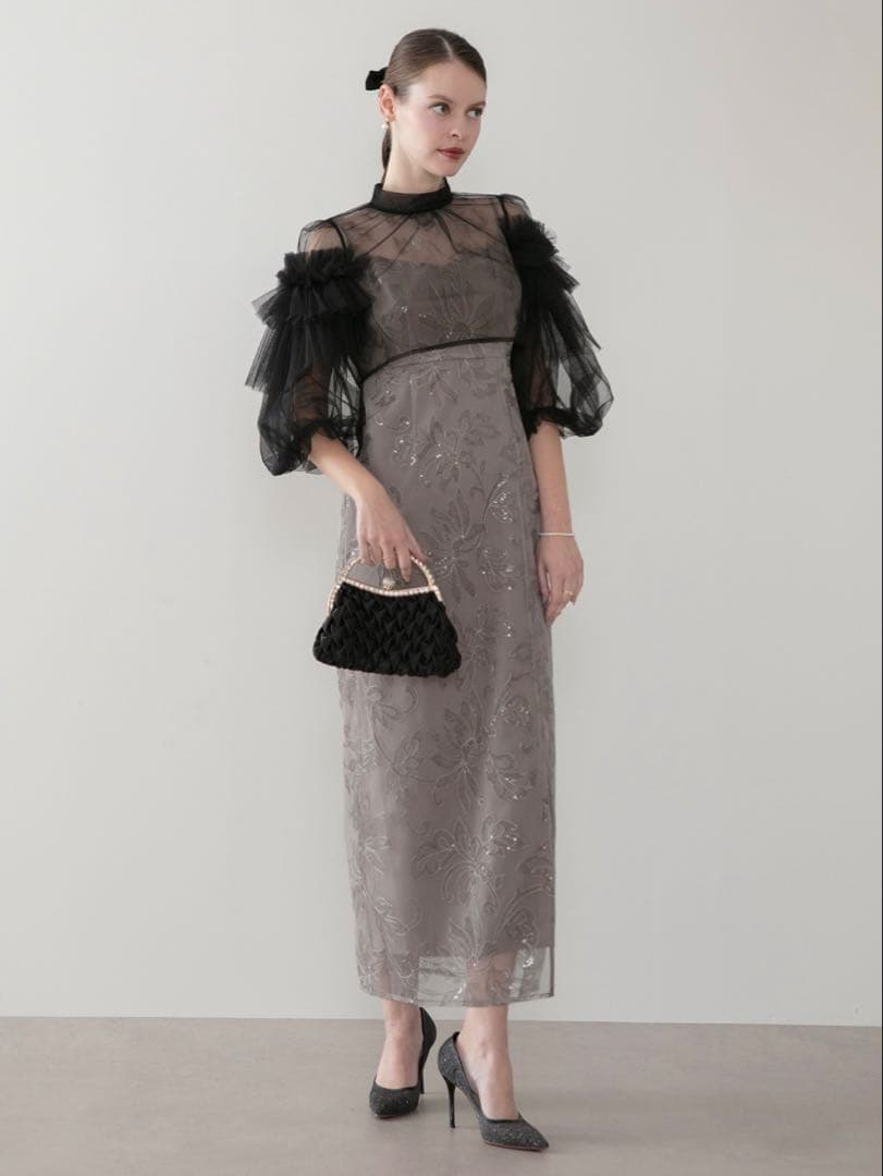 フリルチュールスパンコールフローラルIラインワンピースドレス結婚式二次会成人式