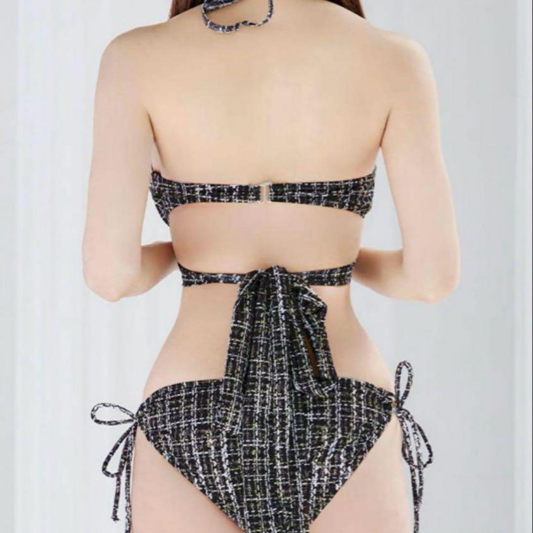 Suger ツイードプリント バッククロスリボン クロスビキニ 2点セット