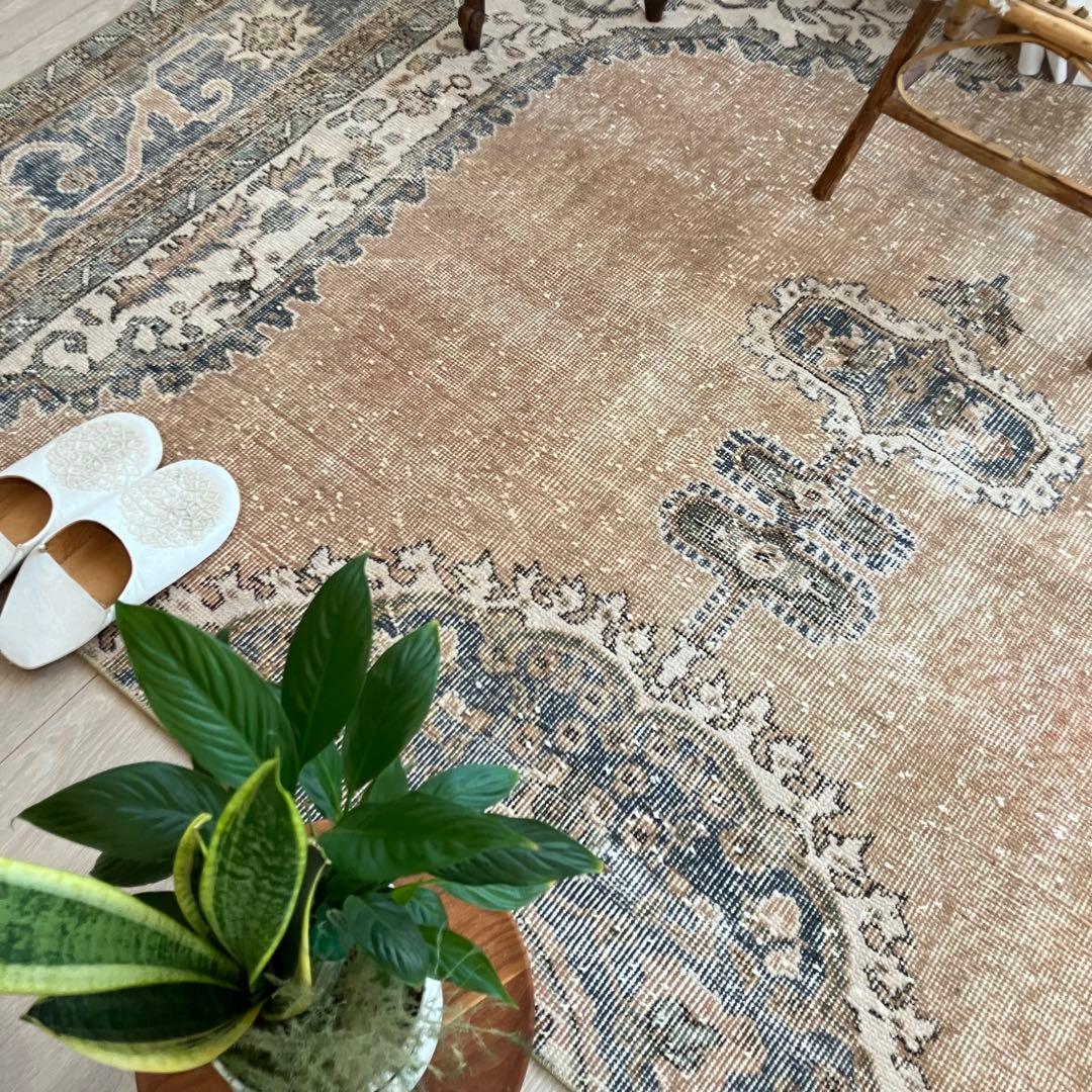 額縁メダリオン✳︎130×215コーラルピンク　ブルー　トルコヴィンテージラグ