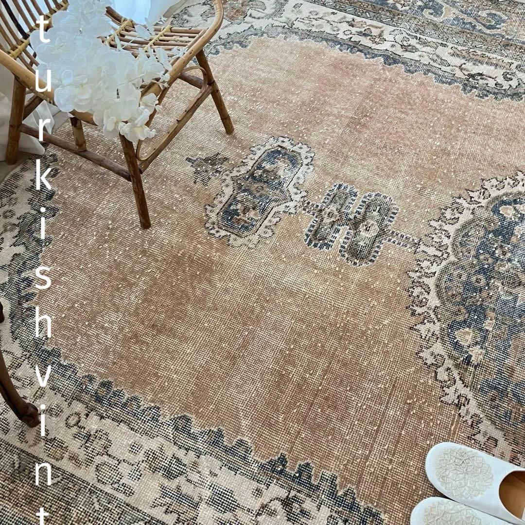 額縁メダリオン✳︎130×215コーラルピンク　ブルー　トルコヴィンテージラグ